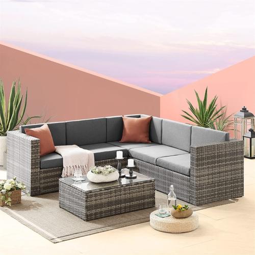 CANAPE de jardin, modulable en résine tressée grise, coussins gris