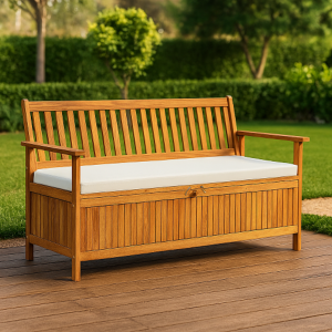 BANC de jardin bois exotique, 150 cm avec coffre de rangement