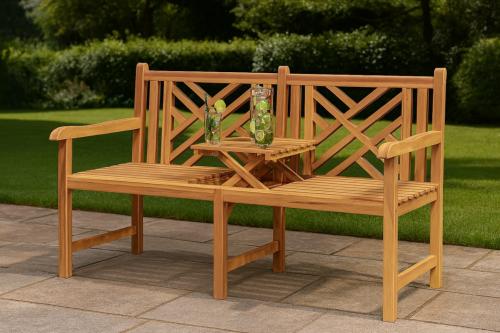 Banc de jardin 150 cm, avec tablette, en teck massif