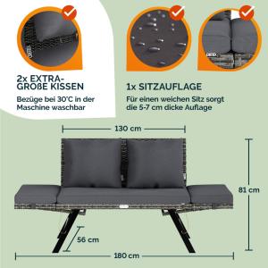 Banc modulable, transat, résine tressée grise, coussins gris