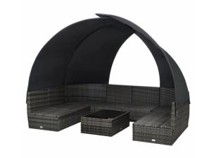 Salon de jardin canapé avec auvent, résine tressée, gris