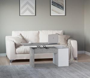 TABLE basse gris béton/blanc, 90 cm, plateau relevable, THEBES