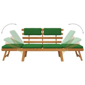 Banc de jardin convertible, bois exotique, coussins vert