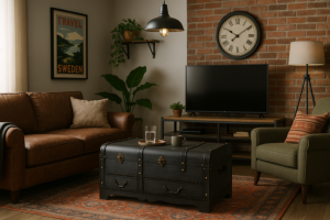 COFFRE/table en bois noir, avec tiroirs, style pirate