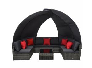 Salon de jardin canapé avec auvent, résine tressée, gris