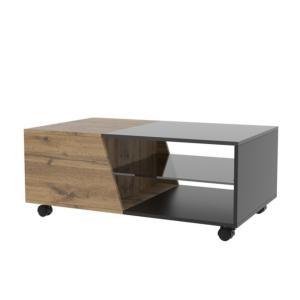 TABLE basse 100 cm, bois anthracite/beige et plateau verre.