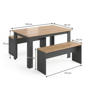 Salle à manger, TABLE 140 cm et bancs, anthracite/beige