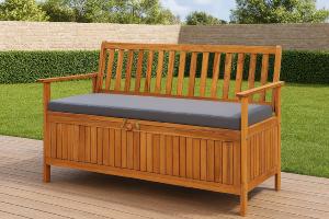 BANC de jardin bois exotique avec rangement, 120 cm, coussin gris