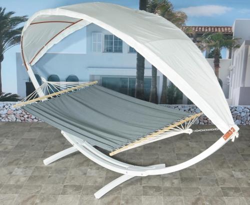 HAMAC JARDIN 420 cm gris, support bois blanc + toit amovible