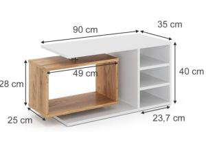 TABLE basse 90 cm, étagère pivotante, blanc/chêne