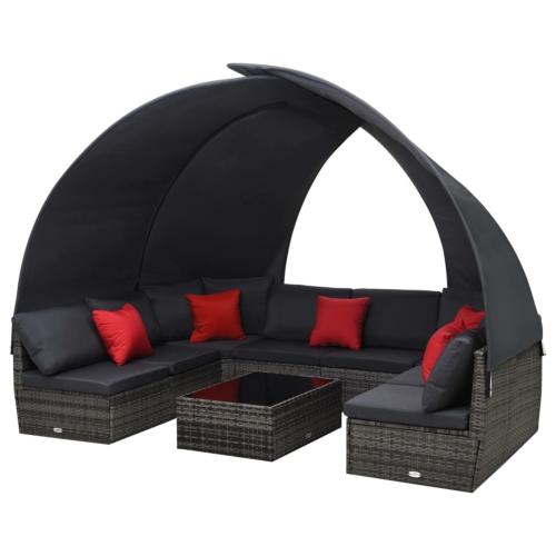 Salon de jardin canapé avec auvent, résine tressée, gris