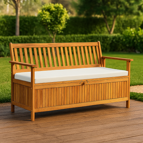 BANC de jardin bois exotique, 150 cm avec coffre de rangement