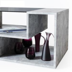 TABLE basse 100 cm, gris béton et plateau verre noir