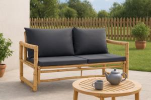 Banc de jardin bambou, avec coussins anthracite
