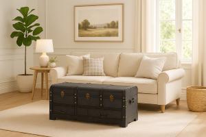 COFFRE/table en bois noir, avec tiroirs, style pirate