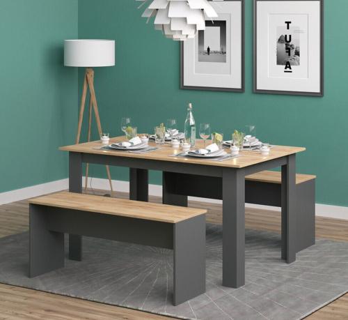 Salle à manger, TABLE 140 cm et bancs, anthracite/beige