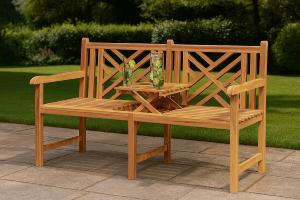 Banc de jardin 150 cm, avec tablette, en teck massif