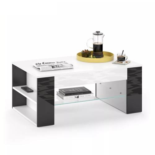 TABLE basse, 100 x 60 cm, blanc/noir et verre, modèle LIVIO