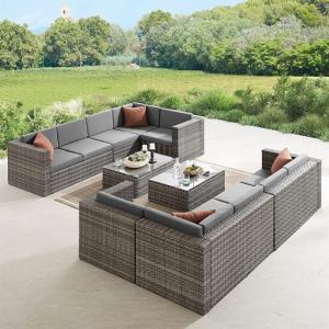 CANAPE de jardin, modulable en résine tressée grise, coussins gris