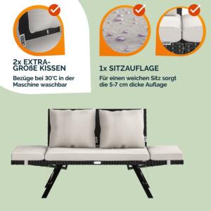 Banc modulable, transat, résine tressée noir, coussins crème