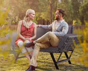 Banc modulable, transat, résine tressée grise, coussins gris