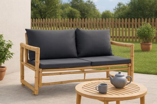 Banc de jardin bambou, avec coussins anthracite