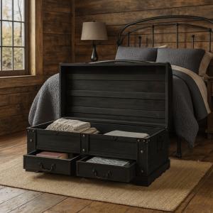 COFFRE/table en bois noir, avec tiroirs, style pirate